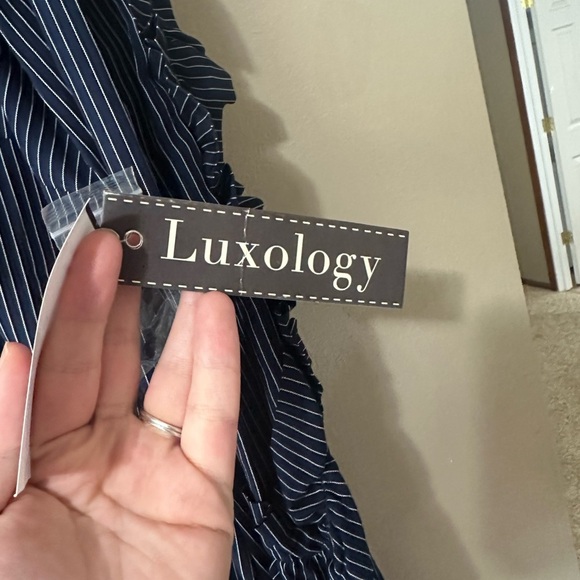 Luxology Navy and White Striped Ruffled Long Sleeve Knee Length Dress - Picture 5 of 7